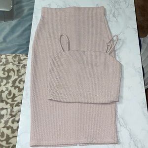 Two piece pale pink cop top midi skirt ribbed stretchy set